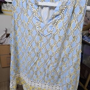 Crown & Ivy Blue and Yellow Geometric Blouse